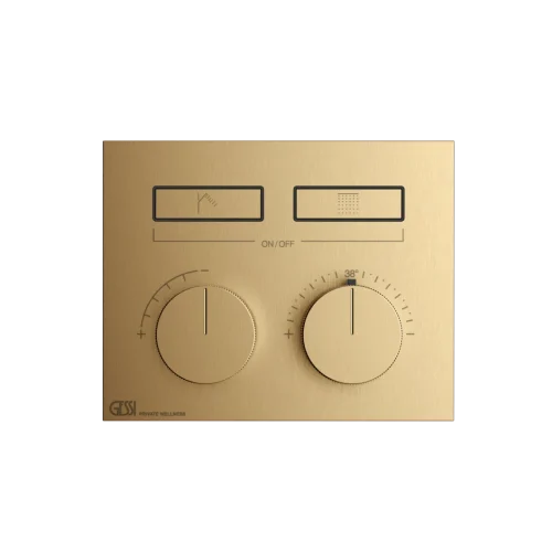 Gessi Hi-Fi Compact thermostatic mixer for two separate functions, with push-button on/off controls.