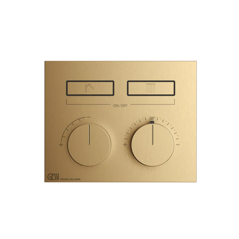 Gessi Hi-Fi Compact thermostatic mixer for two separate functions, with push-button on/off controls.